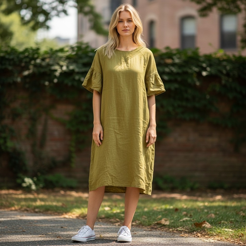 Lintico Linen Shift Dress Womens Large Green Flutter Sleeve Midi Pockets